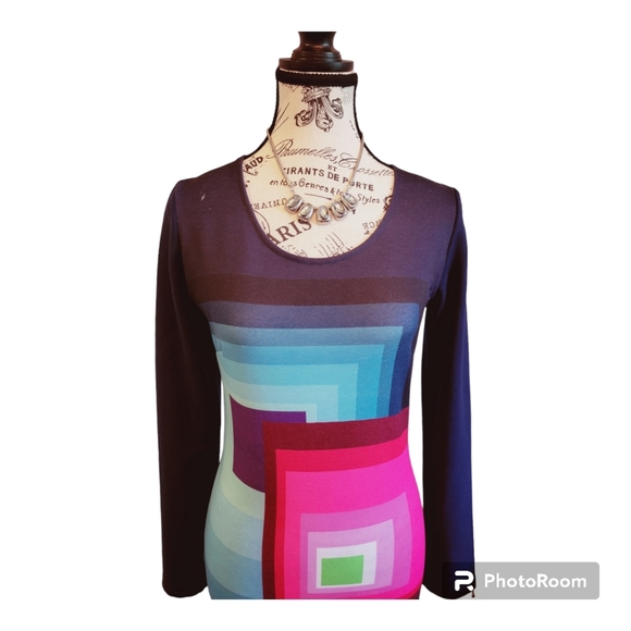 NWOT Desigual Ymanga Knit Dress Geometric Square Multi Color Navy 🔵 Bodycon. - Picture 4 of 10